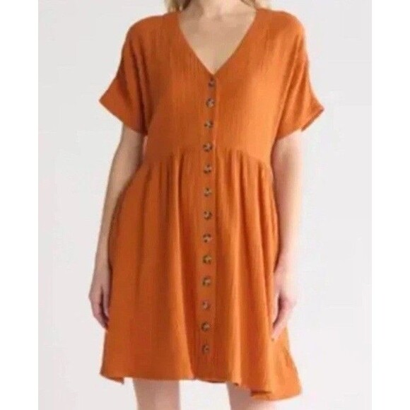 Madewell Button Down Lightspun Cotton Gauze Mustard Pumpkin Orange Mini Dress M - Picture 1 of 5